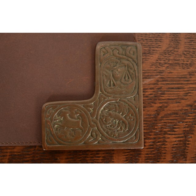 Tiffany Studios New York Zodiac Pattern Bronze Blotter Corners With Leather Desk Blotter For Sale - Image 9 of 14