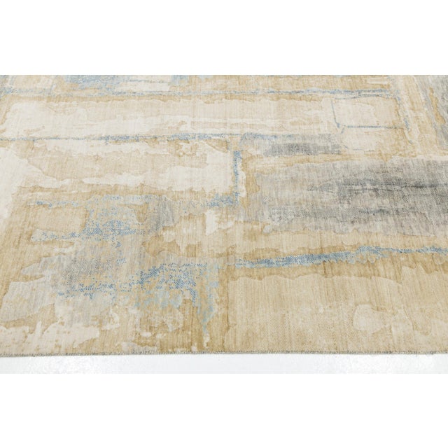 Abstract Ethereal Modern Rug – Hand-Loom Wool & Nylon Blend in Sand and Blue For Sale - Image 4 of 10