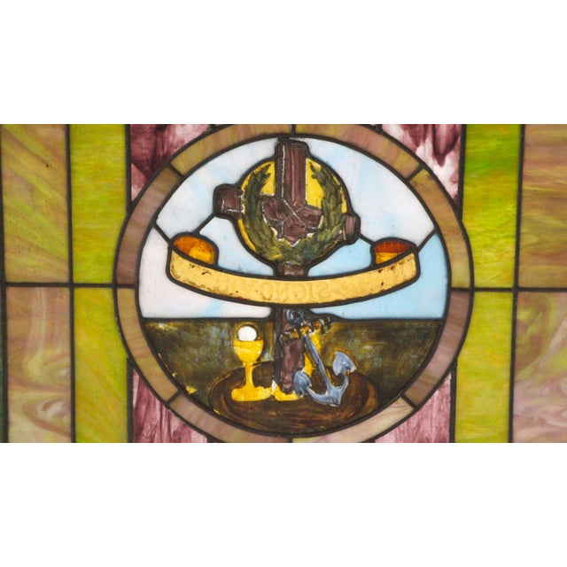Traditional Late 19th Century Wine & Anchor Stained Glass Top Window For Sale - Image 3 of 6