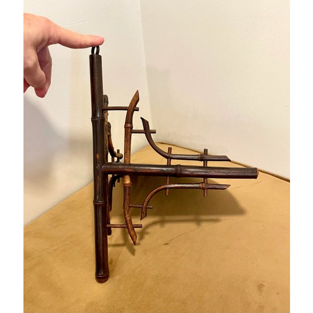 Vintage Asian Chinoiserie Burnt Bamboo Painted Corner Shelf, Burgundy, Rose and Olive Green For Sale - Image 4 of 12