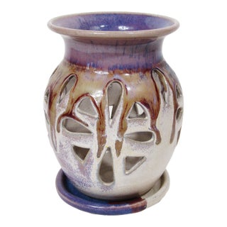 Signed Studio Pottery Pierced Luminary Candle Holder With Matching Dish For Sale