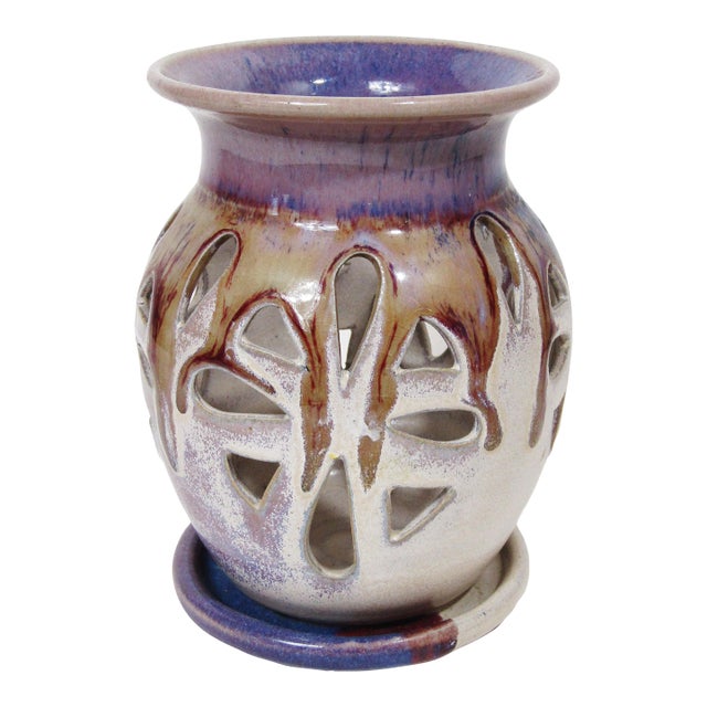 Signed Studio Pottery Pierced Luminary Candle Holder With Matching Dish For Sale