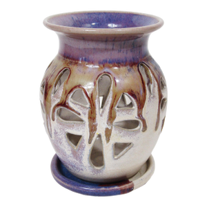 Signed Studio Pottery Pierced Luminary Candle Holder With Matching Dish
