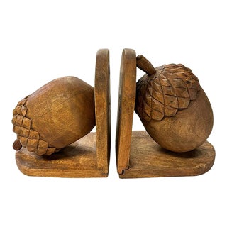 Hand Carved Folk Art Wood Acorn Bookends For Sale