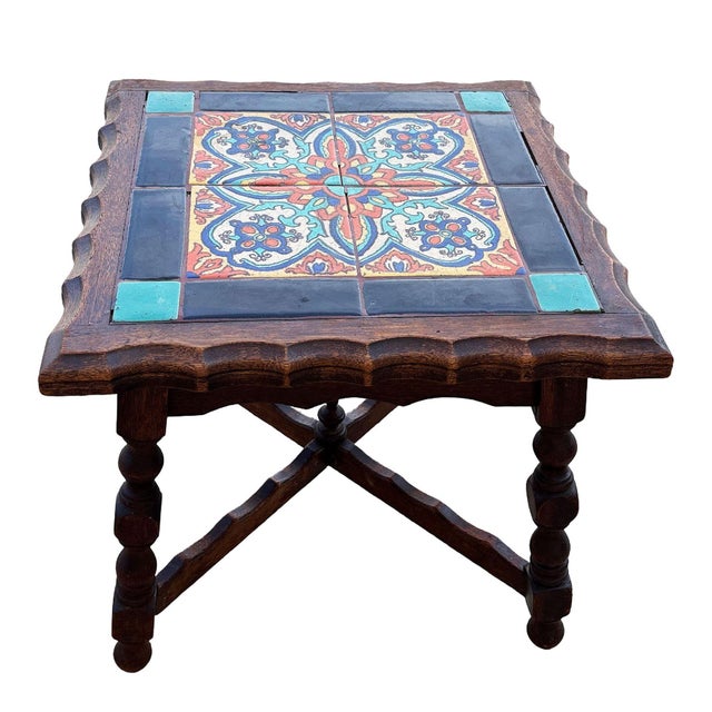 1930 Spanish Style Sculpted Dark Stained Mahogany Side Table W/ Taylor Tile-Top For Sale - Image 4 of 7