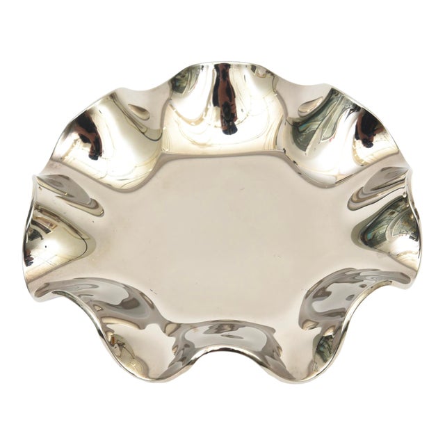 Vintage Silvered Mirrored Glass Ruffled Bowl, 1960's For Sale