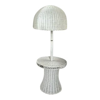 Mid Century Wicker Side Table, Floor Lamp With Dome Shade For Sale