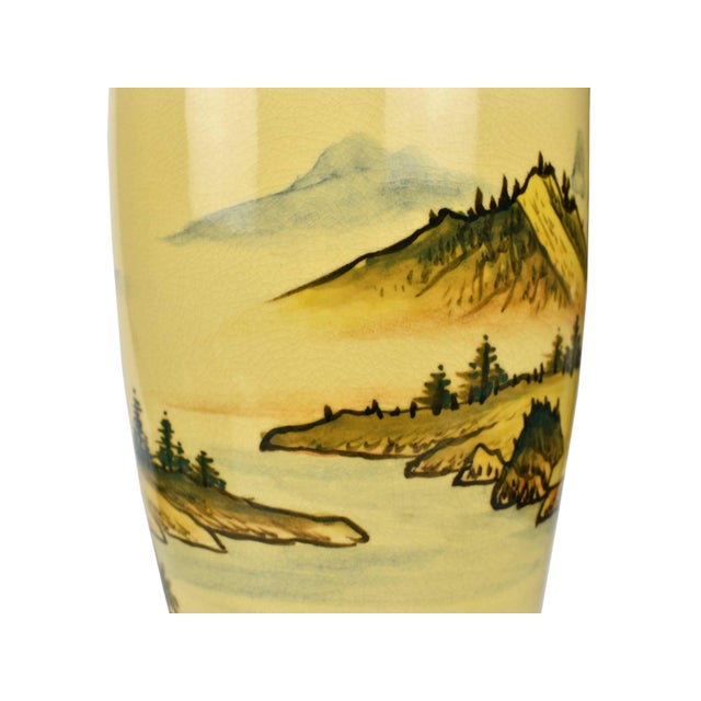 Ceramic Mid 20th Century Tall Mustard Yellow Crackle Glazed Hand Painted Shan Shui Landscape With Calligraphy Poem Porcelain Vase For Sale - Image 7 of 11