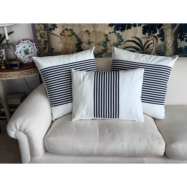 2020s Single Reversible Cushion/Pillow With Navy Blue Stripes on White Fabric For Sale - Image 5 of 9