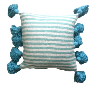 Blue Striped Pompom Pillow Cover For Sale