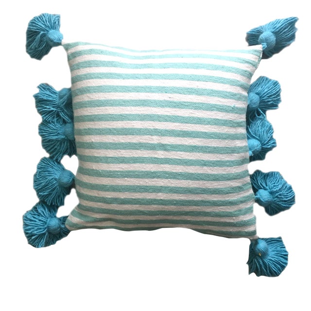 Blue Striped Pompom Pillow Cover For Sale