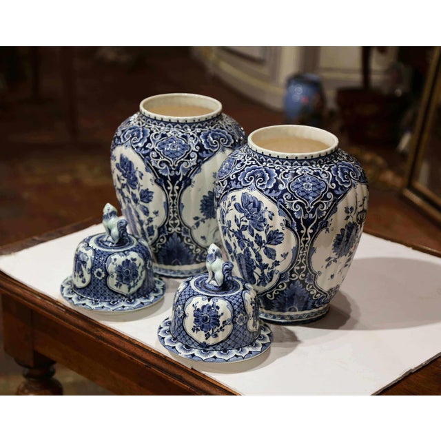 Pair of Mid-Century Dutch Delft Blue and White Faience Ginger Jars For Sale - Image 4 of 10