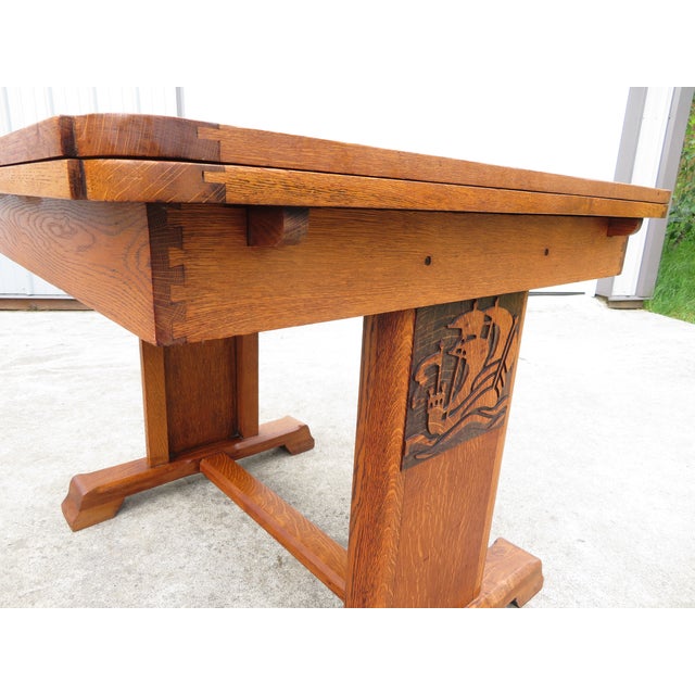 Antique Arts & Crafts Nautical Oak Draw Leaf Dining Table W/ Ship Carvings For Sale - Image 13 of 18