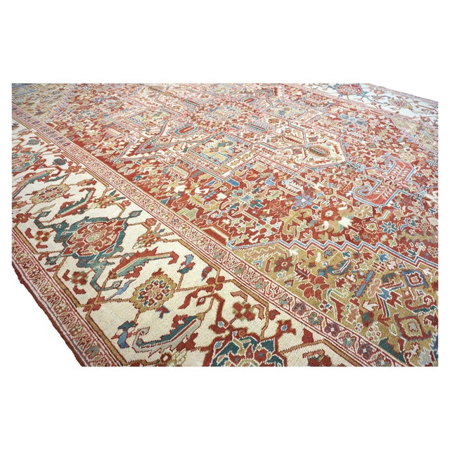 Antique Persian Heriz Wool 11X19 Rust, Ivory & Blue Handmade Area Rug #1140939 For Sale - Image 4 of 17