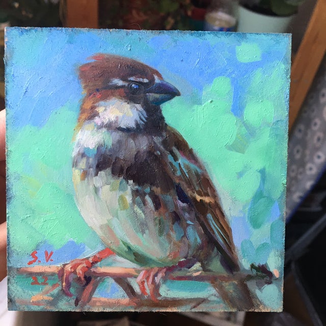 Framed Sparrow Bird Original Painting Vintage Style by Valeriya Serova For Sale - Image 12 of 15