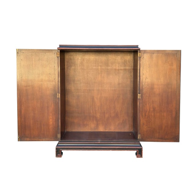 Asian Vintage Oriental Black Red Gold Scenery Carving Storage Cabinet For Sale - Image 3 of 10