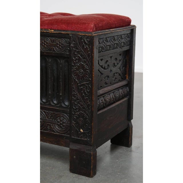 English Bench with Wood Carvings and Red Fabric Padded Seat For Sale - Image 10 of 12