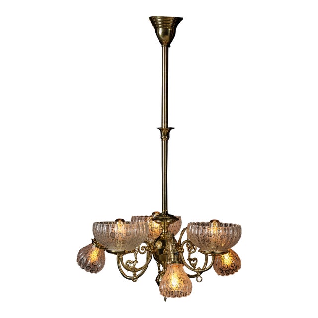 Vintage Brass Chandelier With Etched Glass Shades For Sale