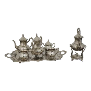Outstanding 7 Piece Silverplate Tea Set W. Kettle on Stand