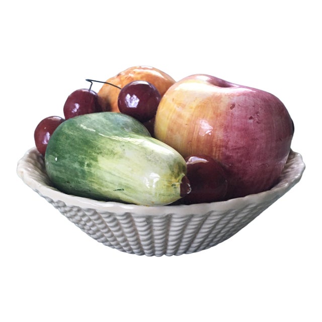 Vintage 1950s Bassano Italy Faux Fruit Woven Basket Ceramic Bowl For Sale