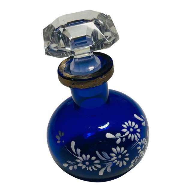 Antique Crystal Perfume Bottle Cobalt Blue White Enamel Painted Daisies Faceted Crystal Jewel Shape Stopper For Sale