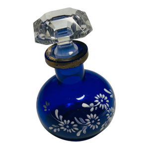 Antique Crystal Perfume Bottle Cobalt Blue White Enamel Painted Daisies Faceted Crystal Jewel Shape Stopper