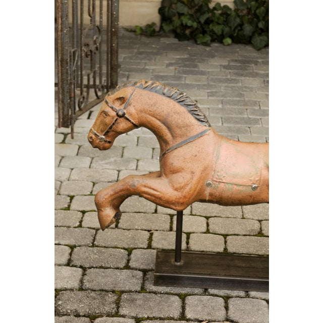 Folk Art Vintage 1940s Folk Art Painted Iron Child Riding Horse Mounted on Custom Base For Sale - Image 3 of 12