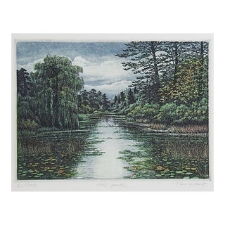 Contemporary Lakeside Landscape Colored Etching For Sale