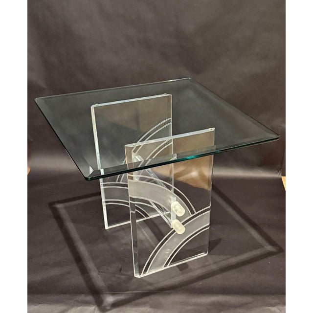 Vintage Mid Century Modern clear etched lucite & glass side table. Item featured is a very unique modernist design with...