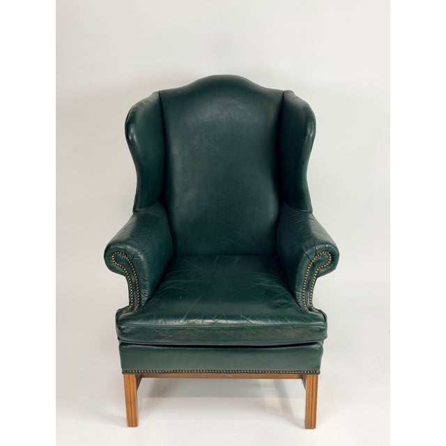 Lexington Furniture Vintage Bob Timberlake Green Leather Wingback Chair With Ottoman For Sale - Image 4 of 12