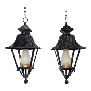 Mid 20th Century Pair of English Style Verdigris Lantern Chandeliers For Sale