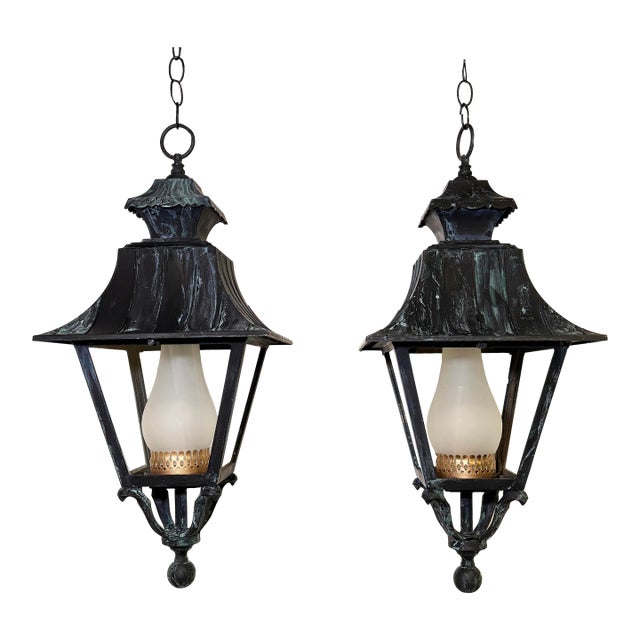 Mid 20th Century Pair of English Style Verdigris Lantern Chandeliers For Sale