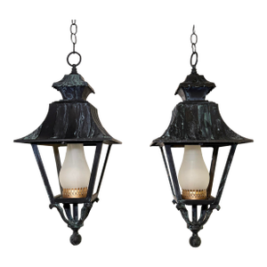 Mid 20th Century Pair of English Style Verdigris Lantern Chandeliers