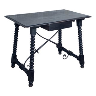 Spanish 1900s Walnut Side Table with Single Drawer and Iron Stretcher For Sale