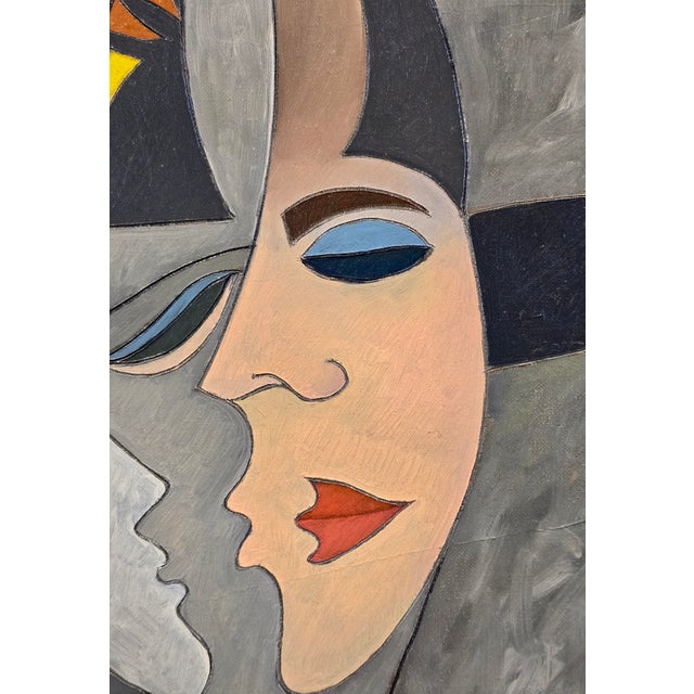 Textile Phillipe Marchand -Surrealist Portrait of a Man Kissing a Woman-Oil Painting For Sale - Image 7 of 10
