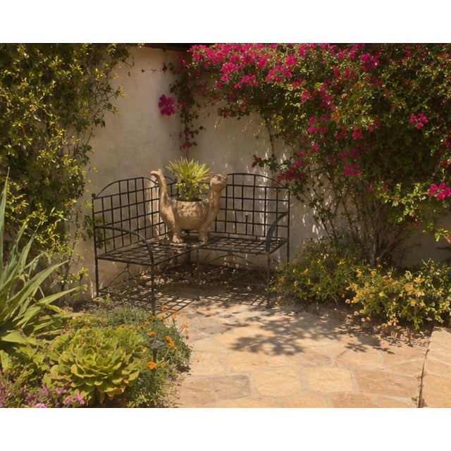Vintage Wrought Iron Corner Bench With Terracotta Cat Statue Planer For Sale - Image 10 of 12