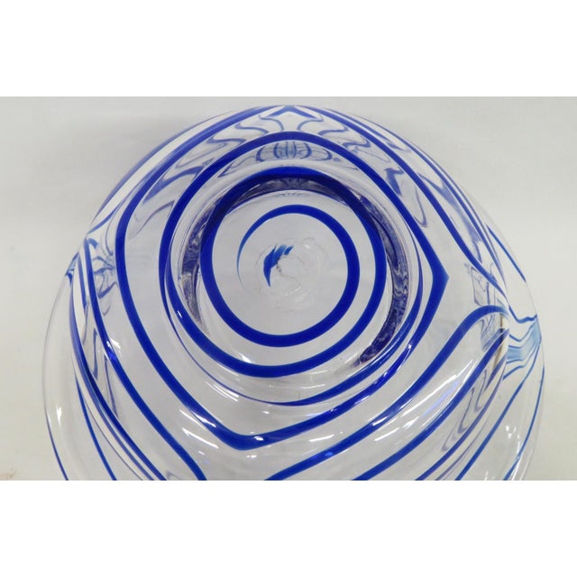 Mid Century Modern Murano Art Glass Serving Bowl With Cobalt Blue Striping 4860b For Sale - Image 11 of 12