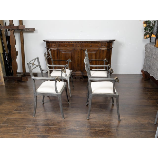 Mid-Century Modern Set of Four Midcentury Italian Metal Armchairs with Brass Rams' Heads For Sale - Image 3 of 9