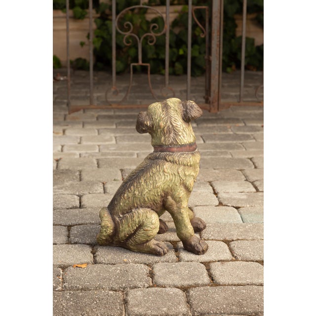Glass English Vintage Composition Sitting Dog Sculpture with Glass Eyes and Red Collar For Sale - Image 7 of 8