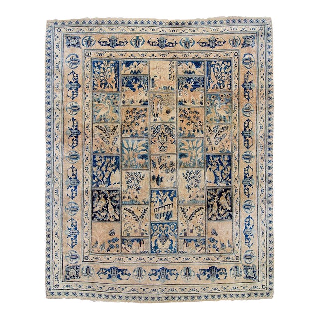 1900s Antique Navy Tan Distressed Indo Kashan Botanical Animal Allover Design Hand-Knotted Wool Low Pile Rug - 9’8“ X 12’ For Sale