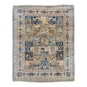 1900s Antique Navy Tan Distressed Indo Kashan Botanical Animal Allover Design Hand-Knotted Wool Low Pile Rug - 9’8“ X 12’