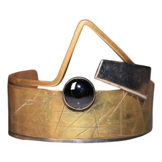 Vintage Hall McFall Sterling Silver Brass Black Onyx Modernist Cuff Bracelet For Sale