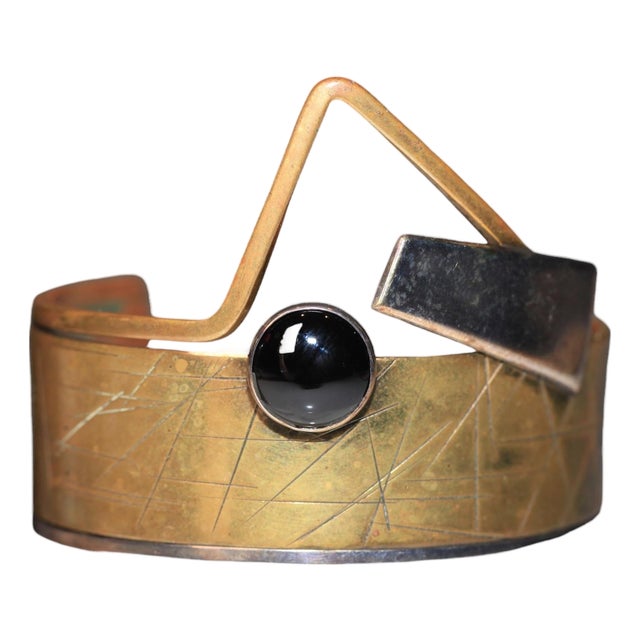 Vintage Hall McFall Sterling Silver Brass Black Onyx Modernist Cuff Bracelet For Sale