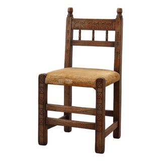 Spanish Hand-Carved Oak Side Chair with Velour Seat, 19th Century For Sale