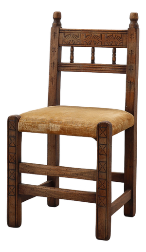 Spanish Hand-Carved Oak Side Chair with Velour Seat, 19th Century