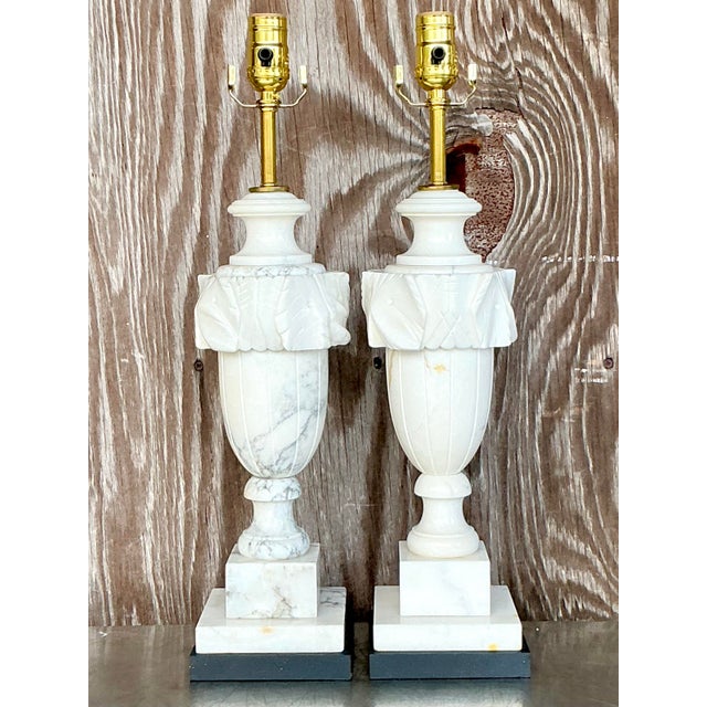 Enhance your space with natural elegance through this pair of vintage Boho carved stone leaf lamps. Beautifully crafted...