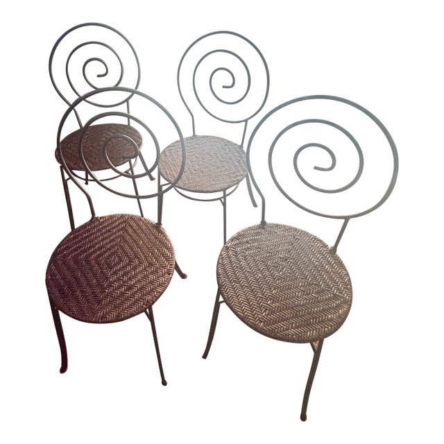 Rare - Vintage Swirl Nautilus Back Metal With Woven Wicker Seat Dining Chairs - Set of 4 For Sale