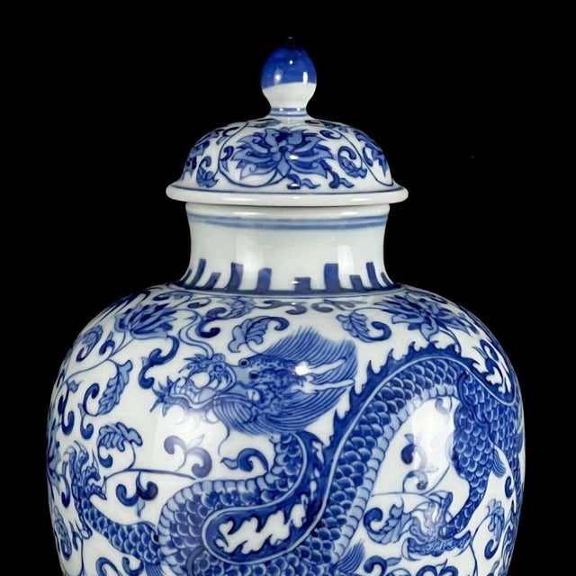 Blue Vintage Blue & White Porcelain Lidded Jar With Dragon & Floral Motif For Sale - Image 8 of 9