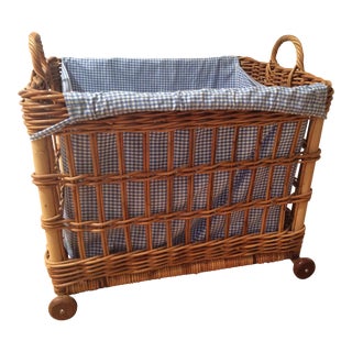 Pottery Barn Wicker Storage Basket with Gingham Insert For Sale