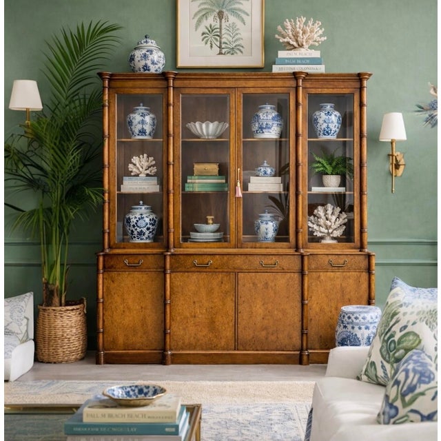 1970s Monumental Style Burl Wood Fsux Bamboo China Library Cabinet or Hutch Bookshelf For Sale - Image 5 of 6